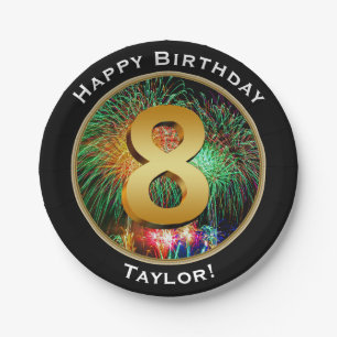 Fireworks Happy Eighth 8th Birthday with Name Paper Plate