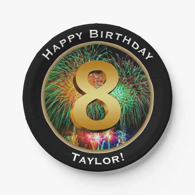 Fireworks Happy Eighth 8th Birthday with Name Paper Plate (Front)