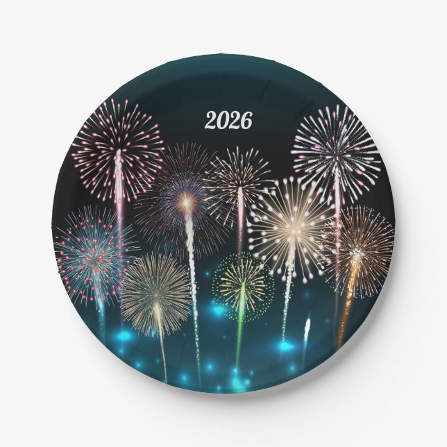  Fireworks Happy New Year 2026 Paper Plate (Front)