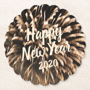 Fireworks Happy New Year Gold Celebration Photo Paper Coaster