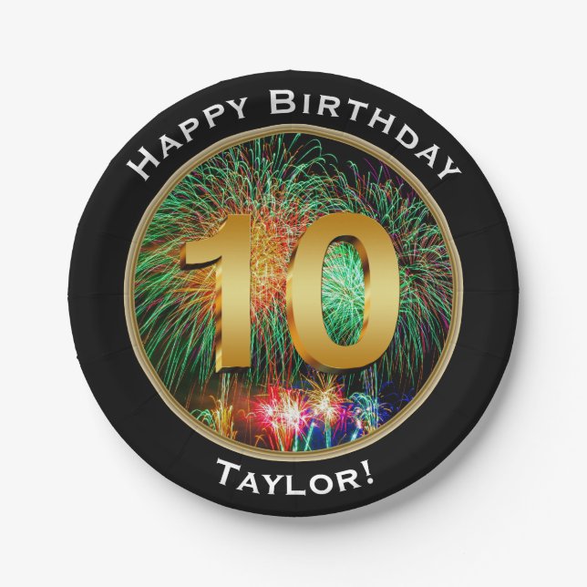Fireworks Happy Tenth 10th Birthday with Name Paper Plate (Front)