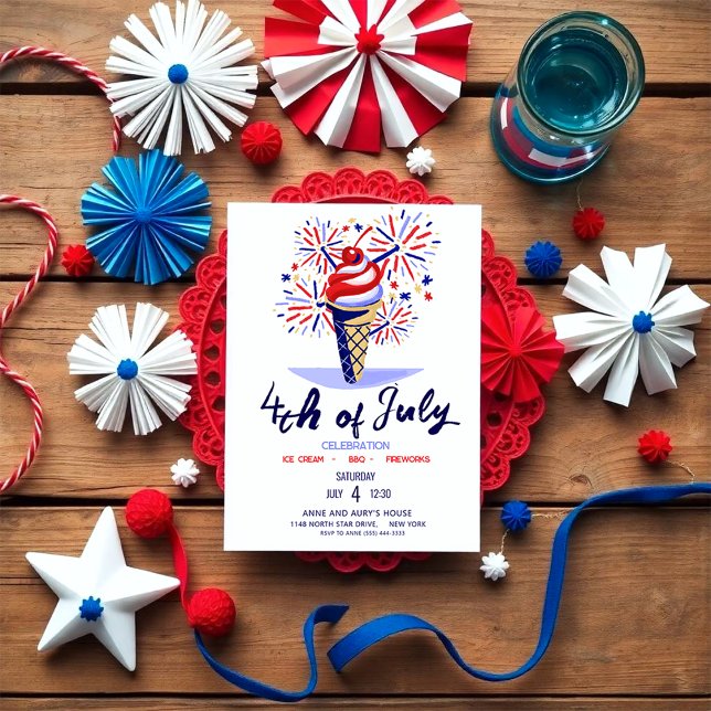 Fireworks Ice Cream Cone July 4th BBQ Party   Invitation (Happy invitation for you 4th July BBQ Party!)