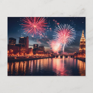 Fireworks in night city postcard