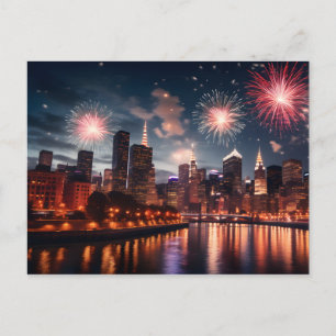 Fireworks in night city postcard