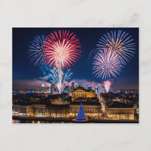 Fireworks in night city postcard