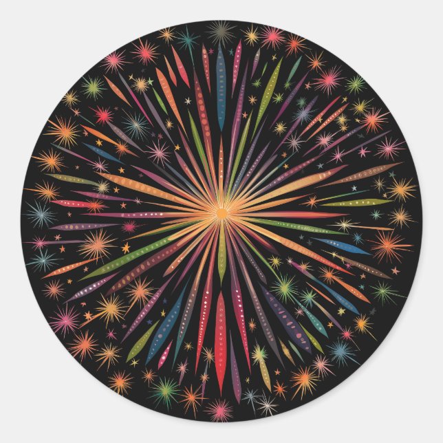 Fireworks Mandala - Rainbow on Black Background Classic Round Sticker (Front)