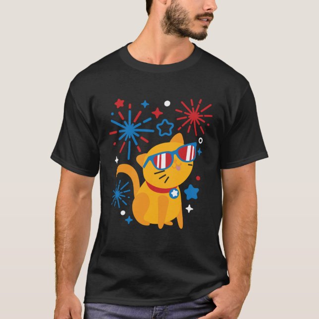 Fireworks Meowica 4th Of July USA Flag Merica Cat T-Shirt (Front)