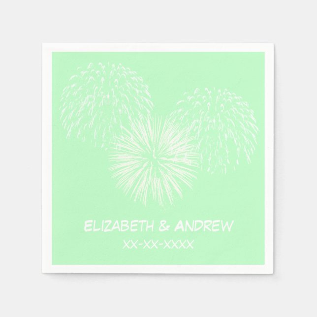 Fireworks, Mint Background, Name Monogram Napkin (Front)