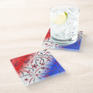 Fireworks on Red White Blue Glass Coaster