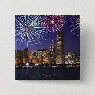 Fireworks over Chicago skyline 15 Cm Square Badge