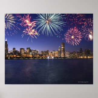Fireworks over Chicago skyline 2 Poster