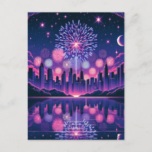 Fireworks over the City Skyline Fourth of July Postcard