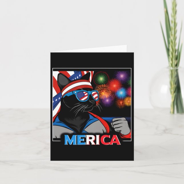 Fireworks Patriotic Black Cat  Card (Front)