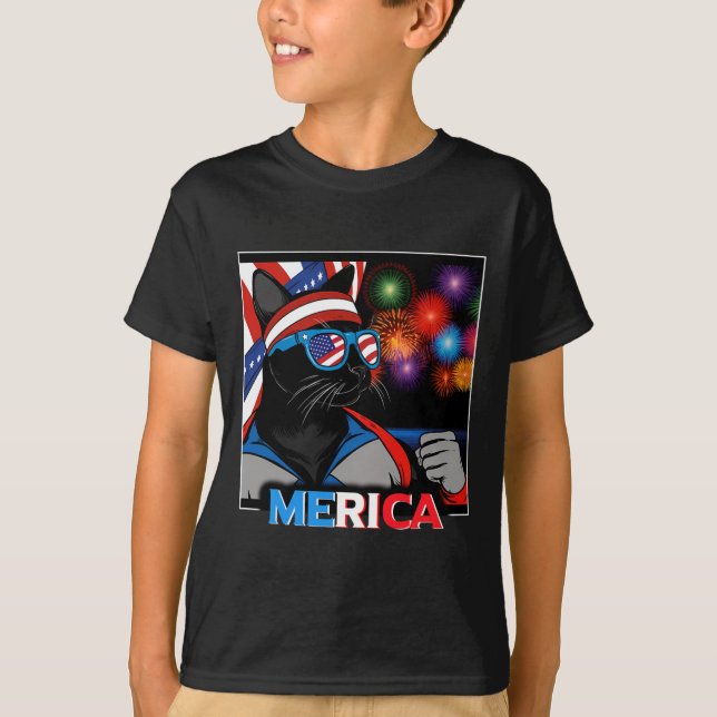 Fireworks Patriotic Black Cat  T-Shirt (Front)