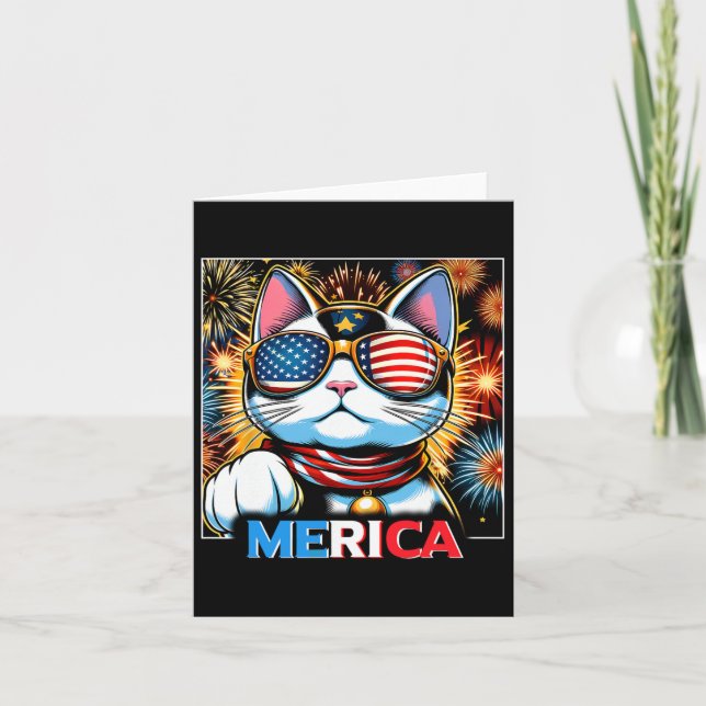 Fireworks Patriotic Maneki Neko Cat Merica  Card (Front)