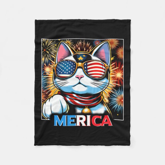 Fireworks Patriotic Maneki Neko Cat Merica  Fleece Blanket (Front)