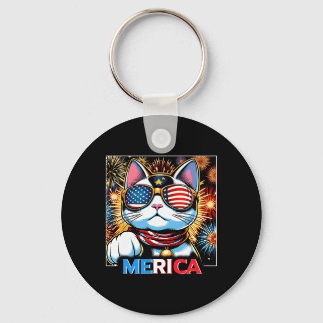 Fireworks Patriotic Maneki Neko Cat Merica  Key Ring (Front)