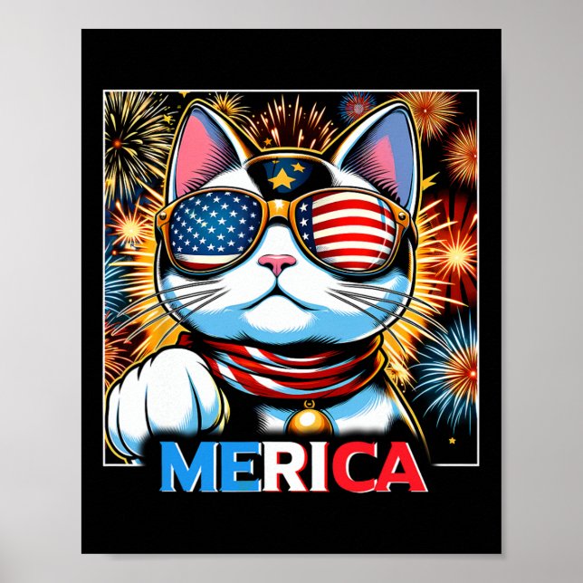 Fireworks Patriotic Maneki Neko Cat Merica  Poster (Front)