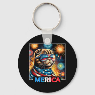 Fireworks Patriotic Scottish Fold Cat Merica  Key Ring