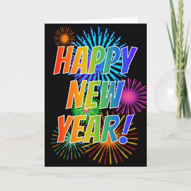 Fireworks + Rainbow Spectrum "HAPPY NEW YEAR!" Card (Front)