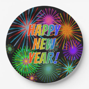 Fireworks + Rainbow Spectrum "HAPPY NEW YEAR!" Paper Plate