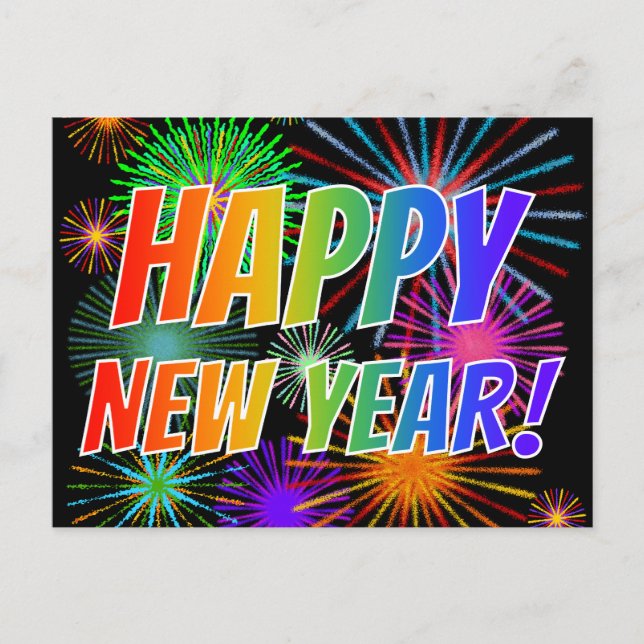 Fireworks + Rainbow Spectrum "HAPPY NEW YEAR!" Postcard (Front)