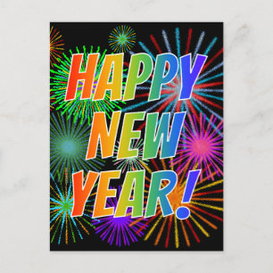Fireworks + Rainbow Spectrum "HAPPY NEW YEAR!" Postcard