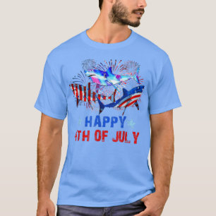 Fireworks Red White Blue Three Sharks Happy 4th Of T-Shirt