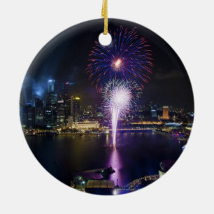 Fireworks Show in Boat Quay Singapore City Skyline Ceramic Tree Decoration