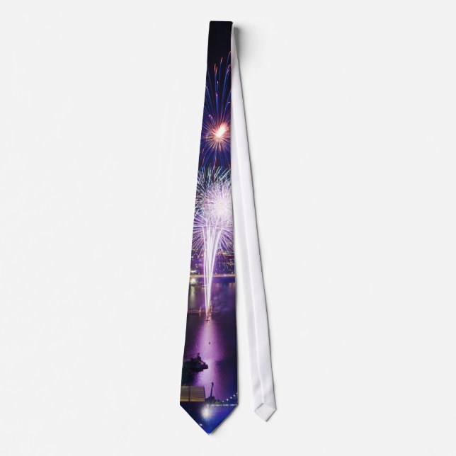 Fireworks Show in Boat Quay Singapore City Skyline Tie (Front)