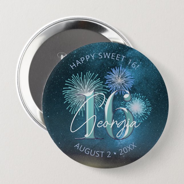 Fireworks Sweet 16 Teal ID984 10 Cm Round Badge (Front & Back)