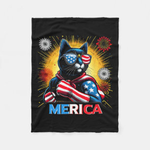 Fireworks Us Flag Patriotic Black Cat Fleece Blanket