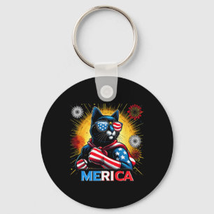 Fireworks Us Flag Patriotic Black Cat Key Ring
