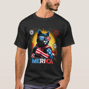 Fireworks Us Flag Patriotic Black Cat T-Shirt