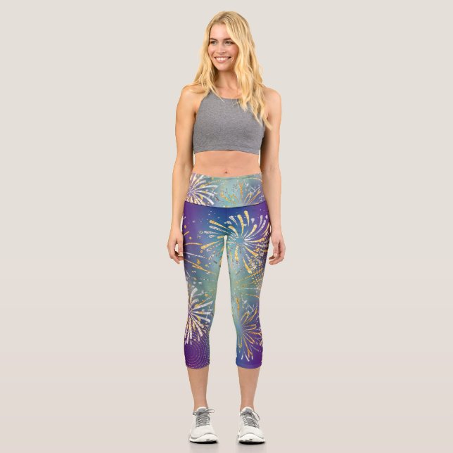Fireworks with Faux Gold Silver Design Capri Leggi Leggings (Front)