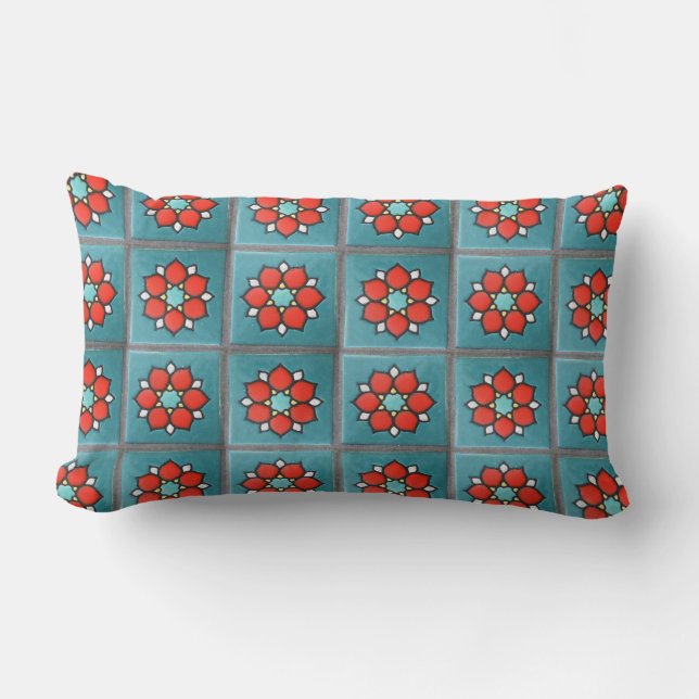 Firey Orange Flowers on Teal Lumbar Cushion (Front)