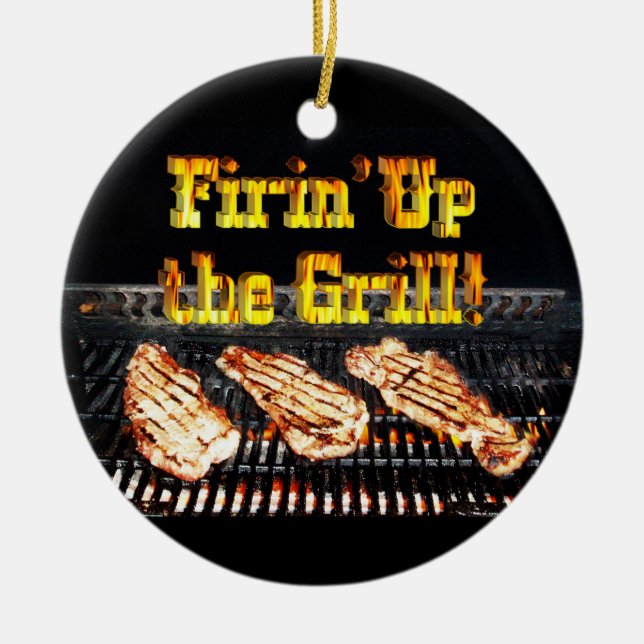 Firing up the Grill! BBQ Steaks Ceramic Tree Decoration (Front)