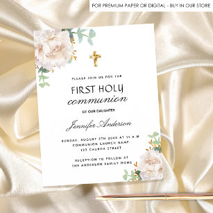 Firrst communion white floral budget invitation flyer