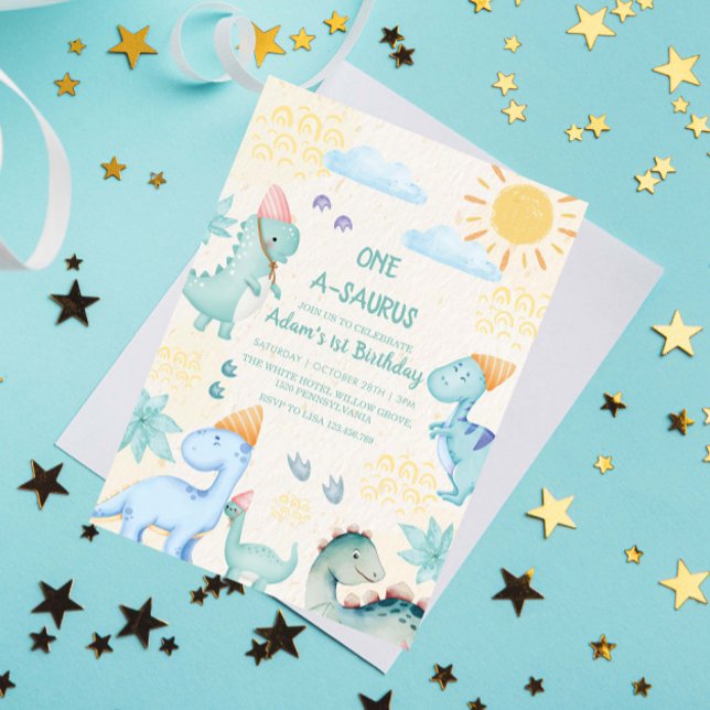 First 1st Birthday Blue Watercolor Dinosaurs  Invitation (Creator Uploaded)