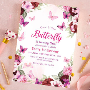 First 1st Birthday Chic Floral Butterflies Party Invitation