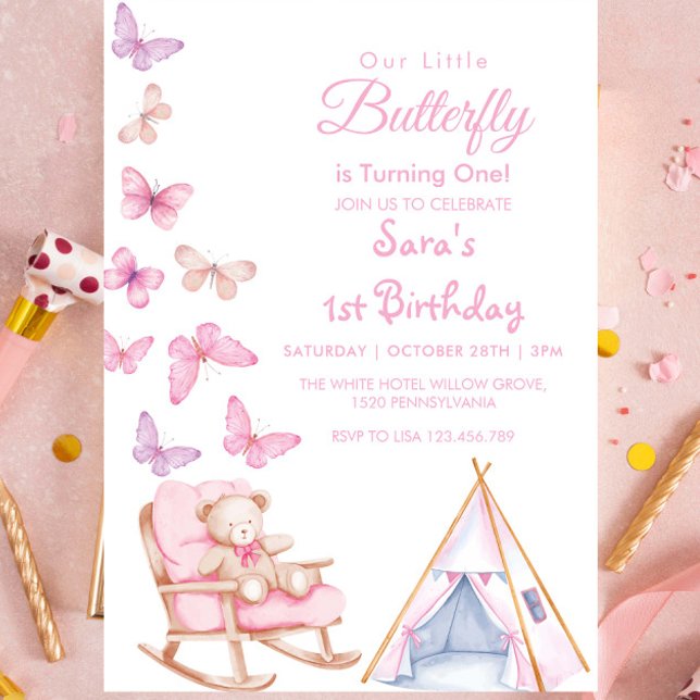 First 1st Birthday Cute Bear LItlle Butterfly Invitation (Creator Uploaded)