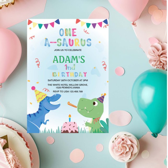 First 1st Birthday Dinosaur and Cake Invitation (Creator Uploaded)