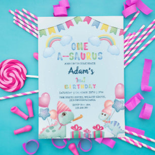 First 1st Birthday Dinosaurs & Rainbow, Light Blue Invitation