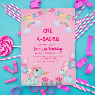 First 1st Birthday Dinosaurs & Rainbow Pink Invitation