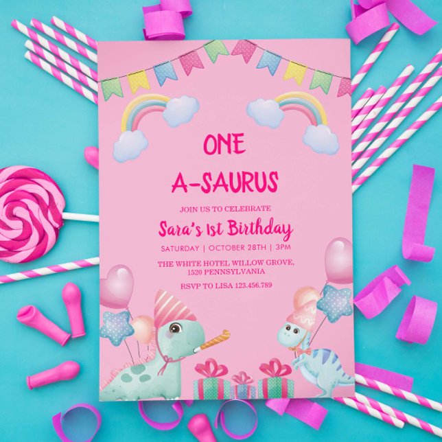 First 1st Birthday Dinosaurs & Rainbow Pink Invitation (Creator Uploaded)