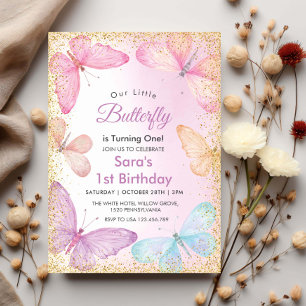 First 1st Birthday Girl Glitter Colourful Butterfl Invitation