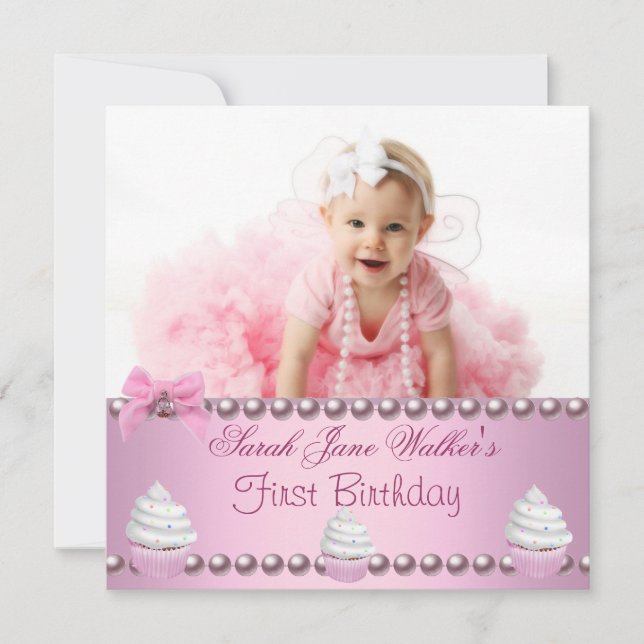 First 1st Birthday Girl Pink Pearls Baby Invitation (Front)
