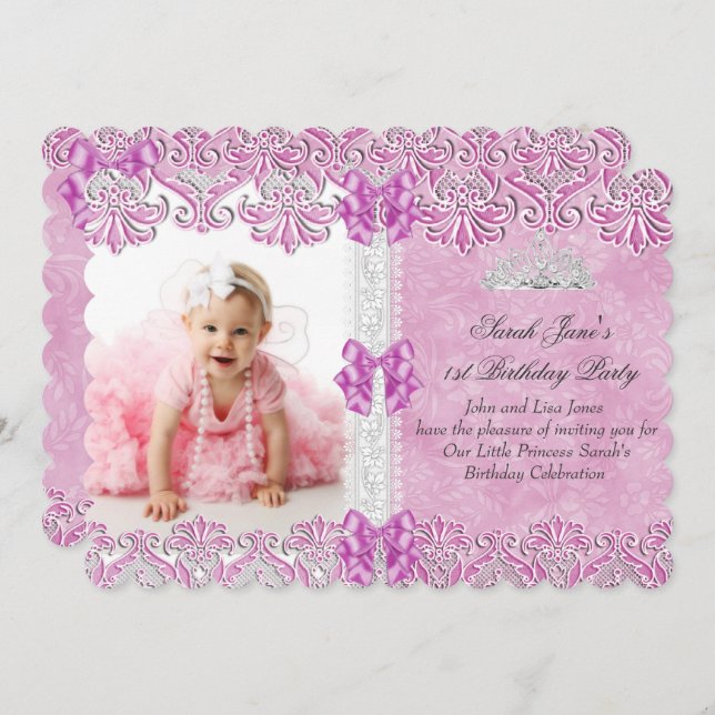 First 1st Birthday Girls Lilac Pink Photo Tiara Invitation (Front/Back)