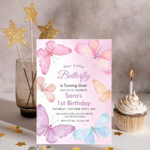 First 1st Birthday Girly Colourful Butterfly Party Invitation