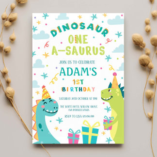 First 1st Birthday Green & Blue Dinosaur Party Invitation